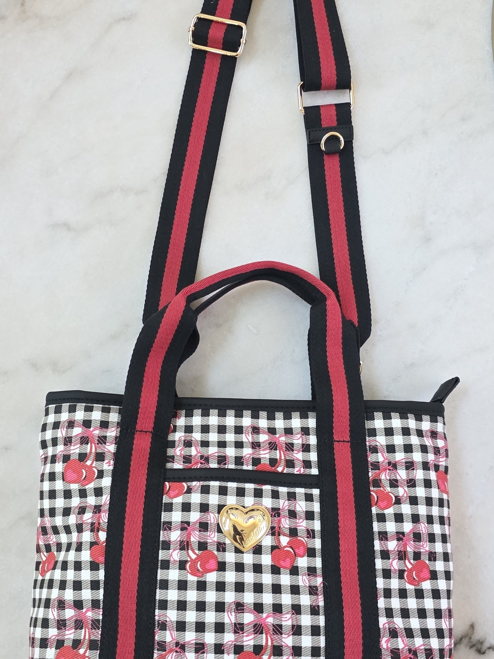 Betsey Johnson Luv Betsey LBADDIE Cherry Gingham Tote Bag Crossbody Black White - Picture 7 of 11